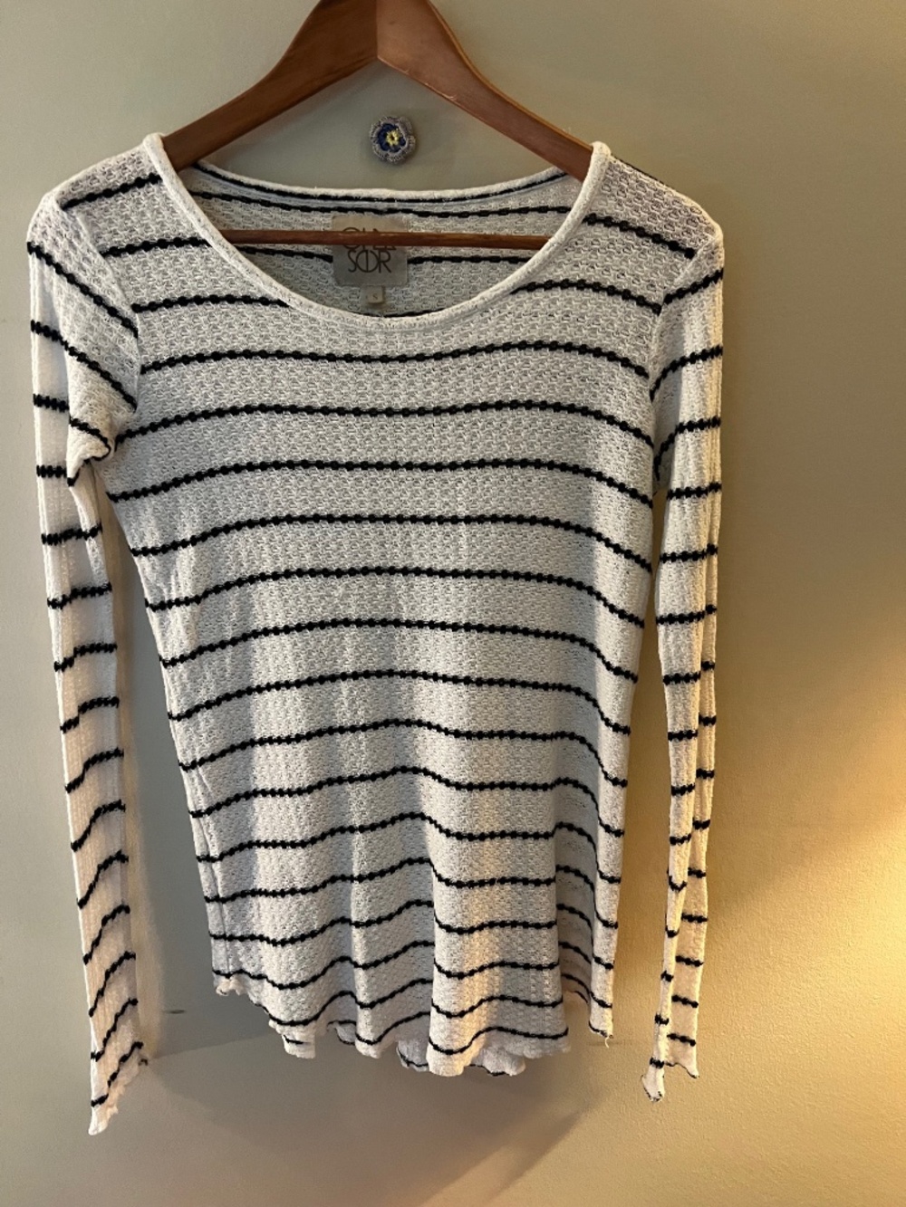 Chaser Ribbed B&W Horizontal Strip T-Shirt With Raw Hem-- Size S/M
